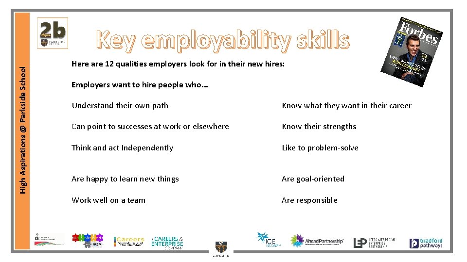  High Aspirations @ Parkside School Key employability skills Here are 12 qualities employers