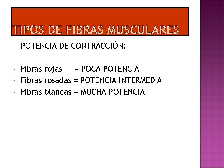 POTENCIA DE CONTRACCIÓN: Fibras rojas = POCA POTENCIA Fibras rosadas = POTENCIA INTERMEDIA Fibras