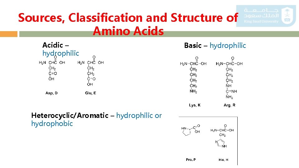Sources, Classification and Structure of Amino Acids Acidic – hydrophilic Heterocyclic/Aromatic – hydrophilic or