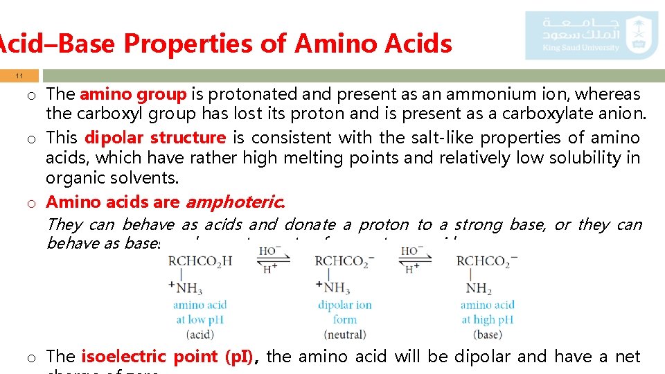 Acid–Base Properties of Amino Acids 11 o The amino group is protonated and present