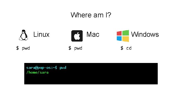 Where am I? Linux $ pwd sara@pop-os: ~$ pwd /home/sara Mac $ pwd Windows