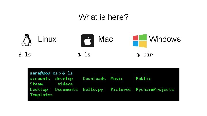 What is here? Linux $ ls sara@pop-os: ~$ ls accounts develop Steam Videos Desktop