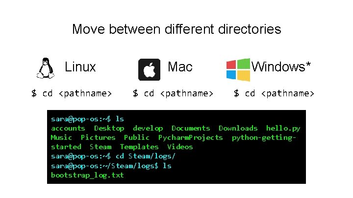 Move between different directories Linux $ cd <pathname> Mac $ cd <pathname> Windows* $