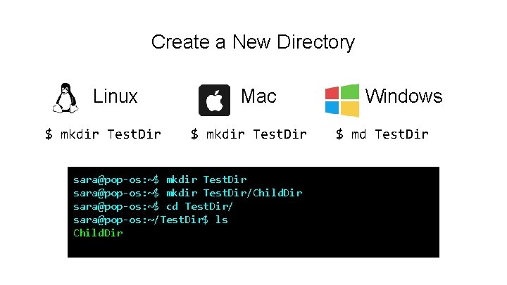 Create a New Directory Linux $ mkdir Test. Dir Mac $ mkdir Test. Dir