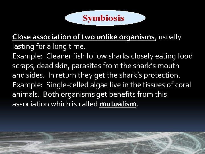 Symbiosis Close association of two unlike organisms, usually lasting for a long time. Example: