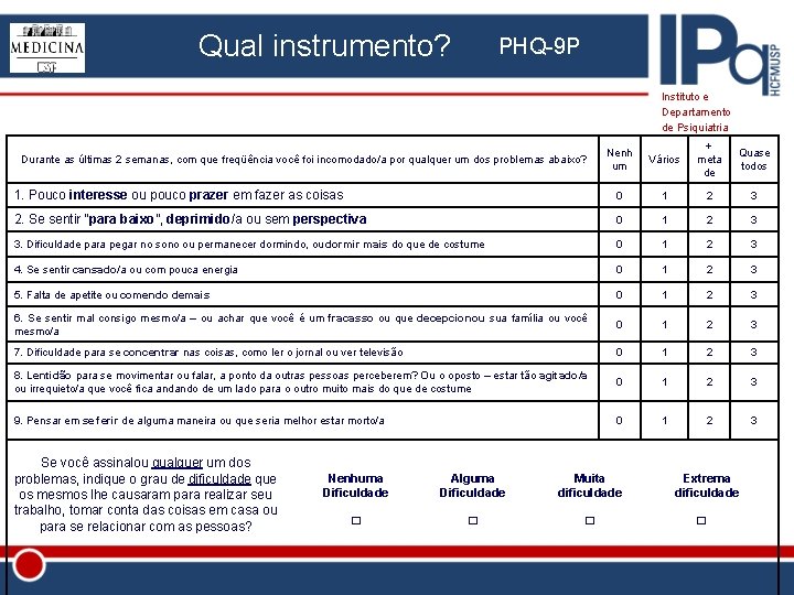 Qual instrumento? PHQ-9 P Instituto e Departamento de Psiquiatria Nenh um Vários + meta