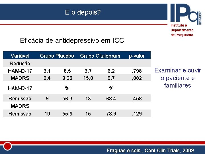 E o depois? Instituto e Departamento de Psiquiatria Eficácia de antidepressivo em ICC Variável
