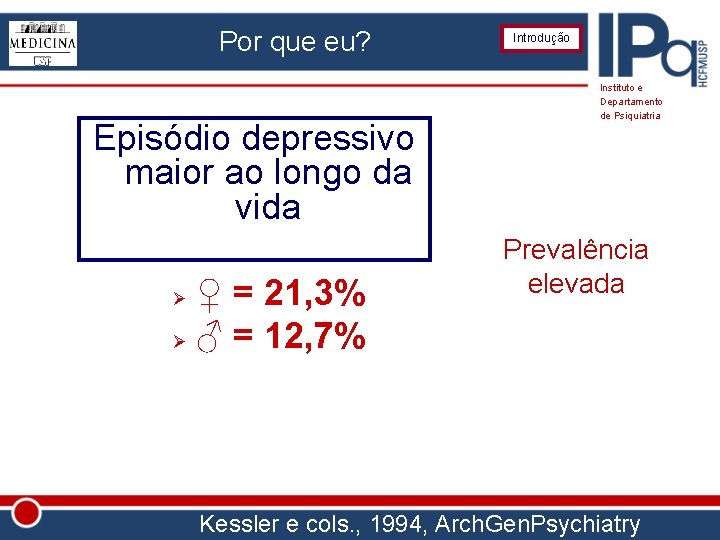 Por que eu? Episódio depressivo maior ao longo da vida ♀ = 21, 3%