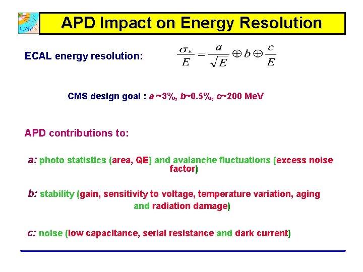 APD Impact on Energy Resolution ECAL energy resolution: CMS design goal : a ~3%,