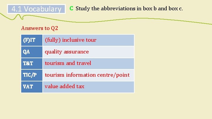 4. 1 Vocabulary C Study the abbreviations in box b and box c. Answers