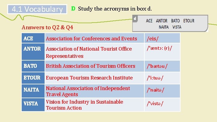 4. 1 Vocabulary D Study the acronyms in box d. Answers to Q 2