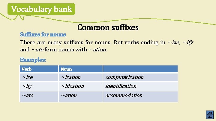 Vocabulary bank Common suffixes Suffixes for nouns There are many suffixes for nouns. But