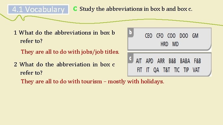 4. 1 Vocabulary C Study the abbreviations in box b and box c. 1