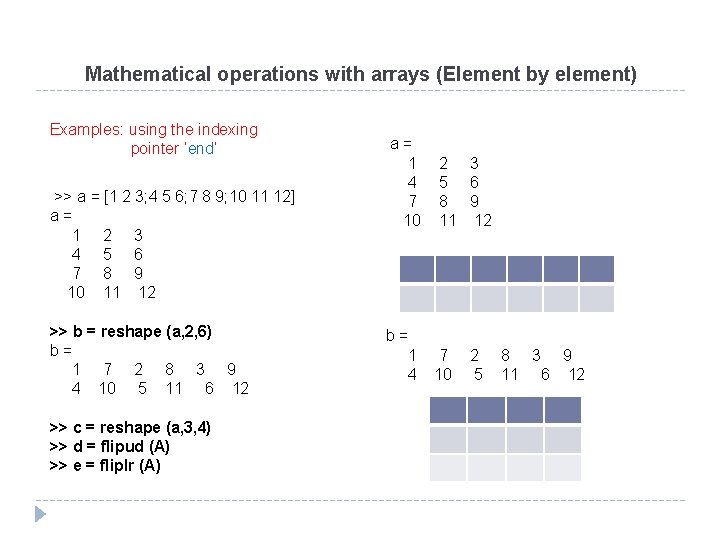 Mathematical operations with arrays (Element by element) Examples: using the indexing pointer ‘end’ >>