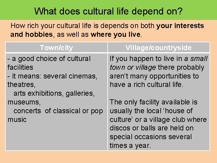 What does cultural life depend on? How rich your cultural life is depends on