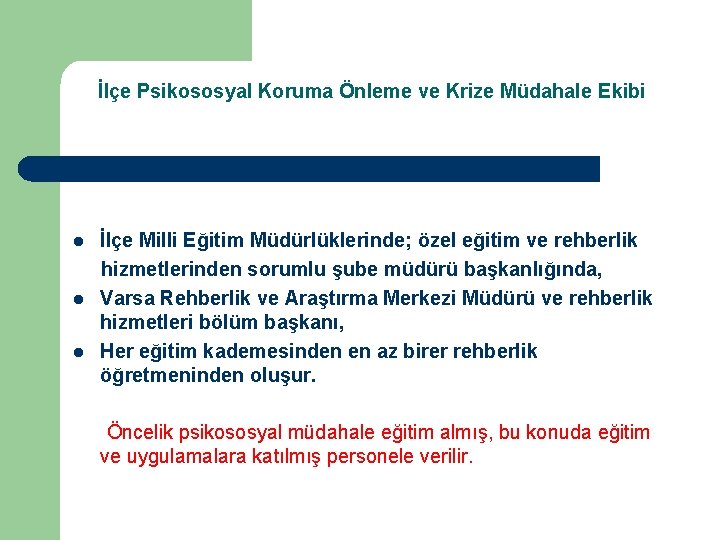 İlçe Psikososyal Koruma Önleme ve Krize Müdahale Ekibi İlçe Milli Eğitim Müdürlüklerinde; özel eğitim