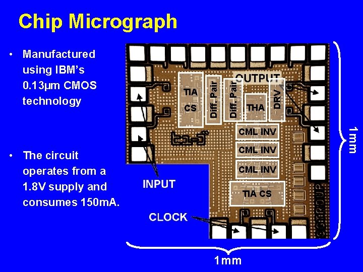 CS THA DRV TIA Diff. Pair • Manufactured using IBM’s 0. 13µm CMOS technology