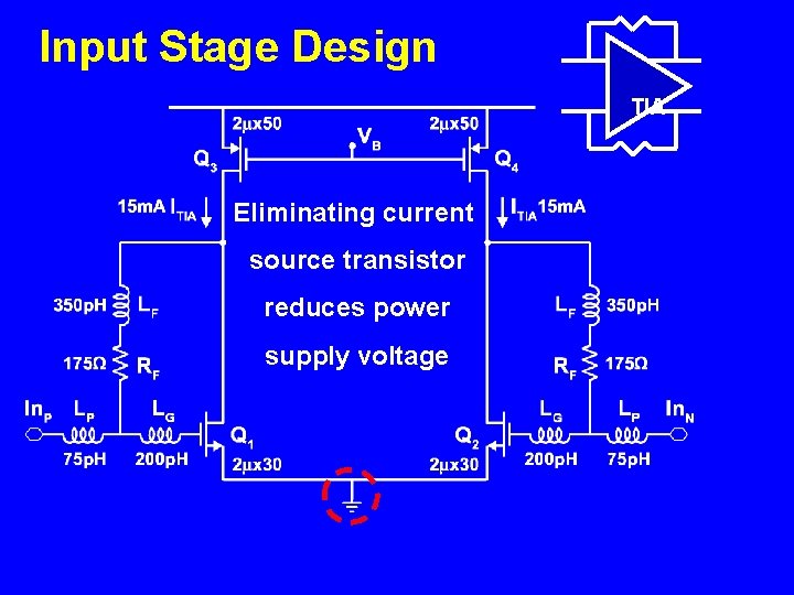 Input Stage Design TIA Eliminating current source transistor reduces power supply voltage 