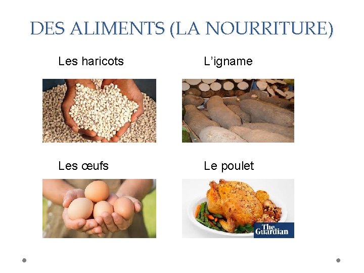 DES ALIMENTS (LA NOURRITURE) Les haricots L’igname Les œufs Le poulet 
