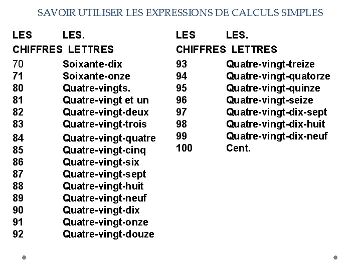 SAVOIR UTILISER LES EXPRESSIONS DE CALCULS SIMPLES LES. CHIFFRES LETTRES 70 Soixante-dix 71 Soixante-onze
