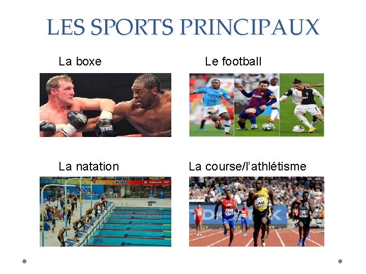 LES SPORTS PRINCIPAUX La boxe La natation Le football La course/l’athlétisme 