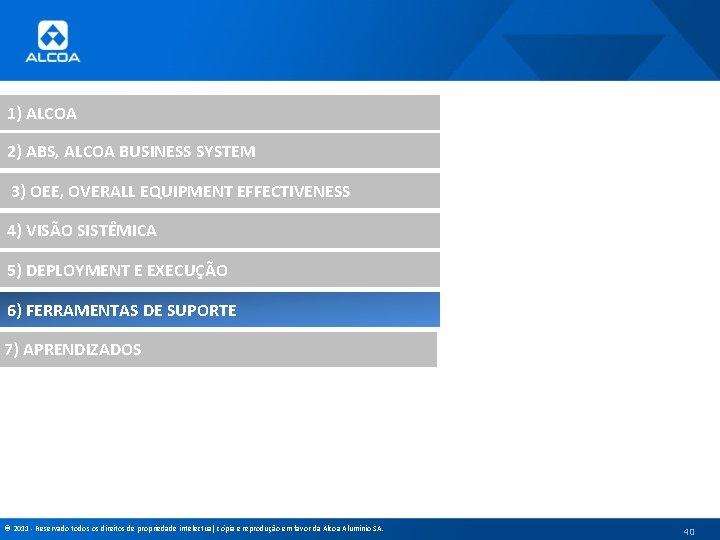 1) ALCOA 2) ABS, ALCOA BUSINESS SYSTEM 3) OEE, OVERALL EQUIPMENT EFFECTIVENESS 4) VISÃO