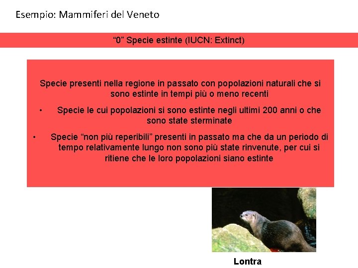 Esempio: Mammiferi del Veneto “ 0” Specie estinte (IUCN: Extinct) Specie presenti nella regione