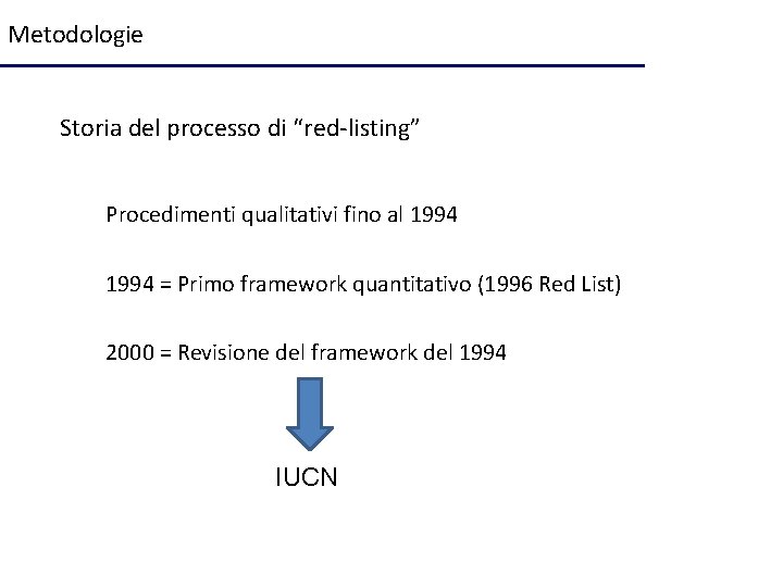 Metodologie Storia del processo di “red-listing” Procedimenti qualitativi fino al 1994 = Primo framework
