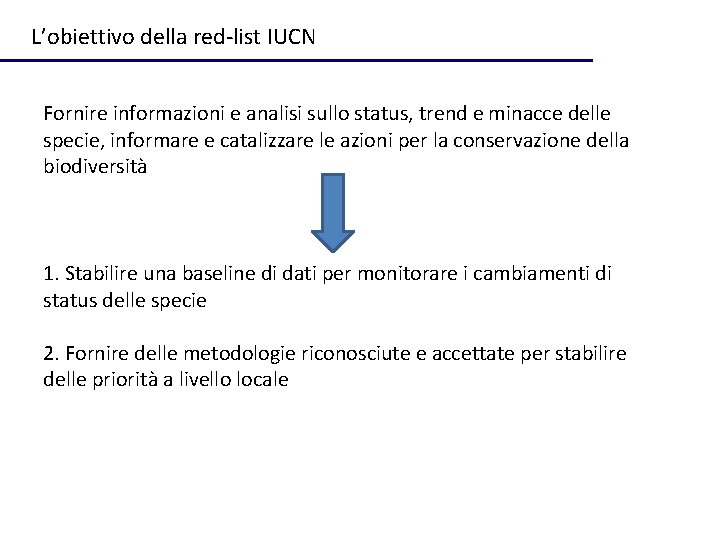 L’obiettivo della red-list IUCN Fornire informazioni e analisi sullo status, trend e minacce delle