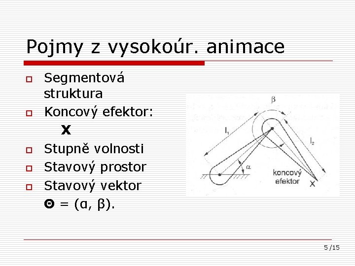 Pojmy z vysokoúr. animace o o o Segmentová struktura Koncový efektor: X Stupně volnosti