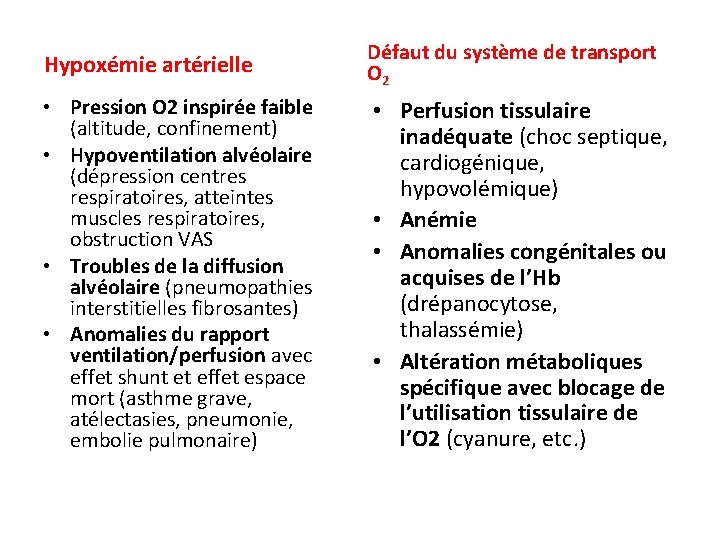 Hypoxémie artérielle Défaut du système de transport O 2 • Pression O 2 inspirée