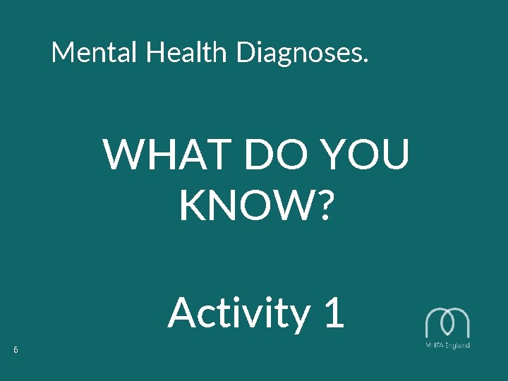 Mental Health Diagnoses. WHAT DO YOU KNOW? Activity 1 6 Mental Health Diagnoses. WHAT DO YOU KNOW? Activity 1 6