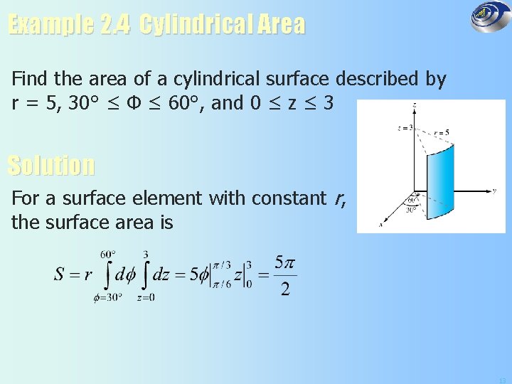 Example 2. 4 Cylindrical Area Find the area of a cylindrical surface described by