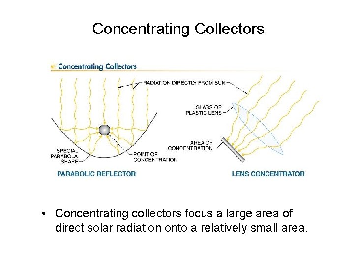 Concentrating Collectors • Concentrating collectors focus a large area of direct solar radiation onto