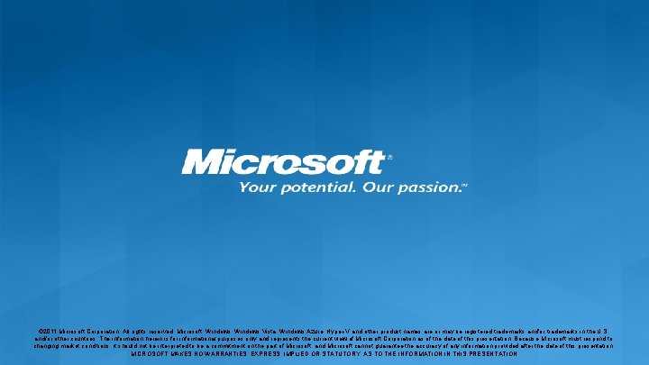 © 2011 Microsoft Corporation. All rights reserved. Microsoft, Windows Vista, Windows Azure, Hyper-V and © 2011 Microsoft Corporation. All rights reserved. Microsoft, Windows Vista, Windows Azure, Hyper-V and