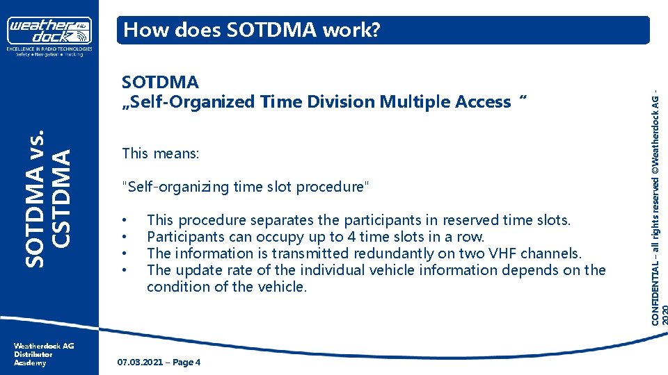 SOTDMA vs. CSTDMA SOTDMA „Self-Organized Time Division Multiple Access“ Weatherdock AG Distributor Academy This SOTDMA vs. CSTDMA SOTDMA „Self-Organized Time Division Multiple Access“ Weatherdock AG Distributor Academy This