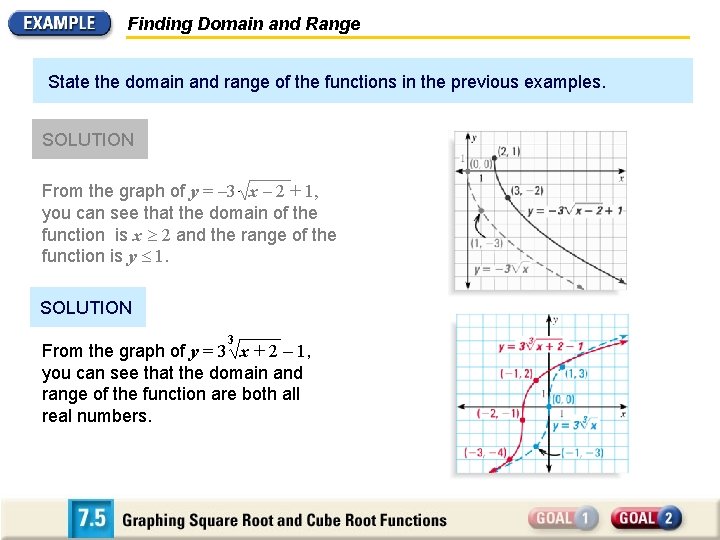 Finding Domain and Range State the domain and range of the functions in the