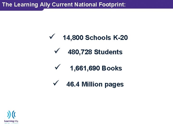 The Learning Ally Current National Footprint: ü 14, 800 Schools K-20 ü 480, 728