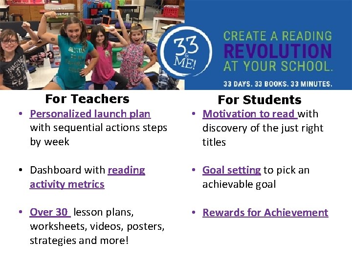 For Teachers • Personalized launch plan with sequential actions steps by week For Students