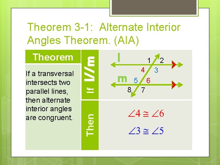 If If a transversal intersects two parallel lines, then alternate interior angles are congruent.