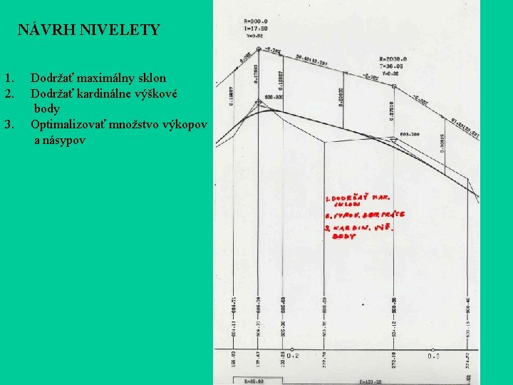 NÁVRH NIVELETY 1. 2. 3. Dodržať maximálny sklon Dodržať kardinálne výškové body Optimalizovať množstvo NÁVRH NIVELETY 1. 2. 3. Dodržať maximálny sklon Dodržať kardinálne výškové body Optimalizovať množstvo