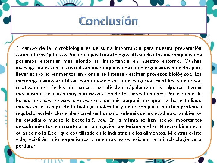 Conclusión El campo de la microbiología es de suma importancia para nuestra preparación como