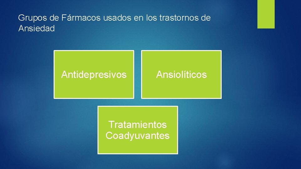 Grupos de Fármacos usados en los trastornos de Ansiedad Antidepresivos Ansiolíticos Tratamientos Coadyuvantes 