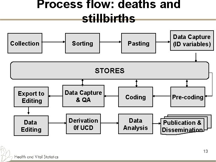 Process flow: deaths and stillbirths Collection Sorting Pasting Data Capture (ID variables) STORES Export