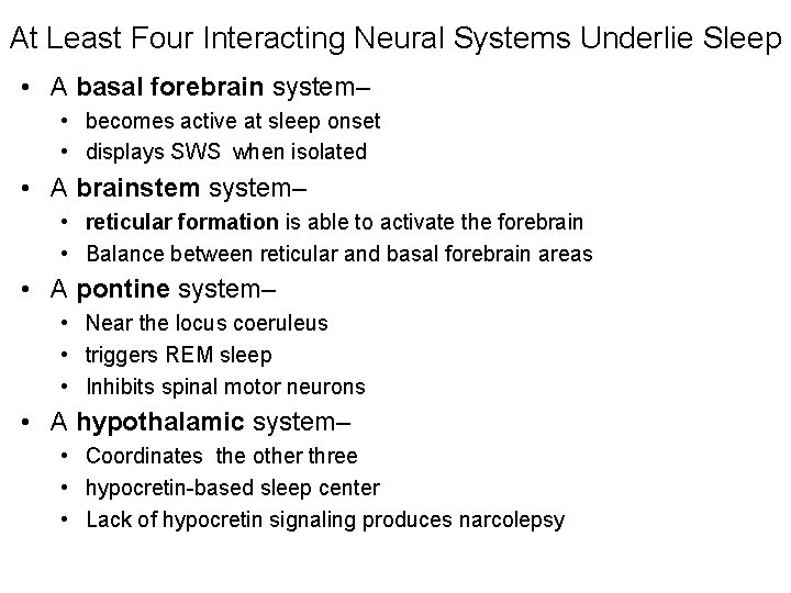 At Least Four Interacting Neural Systems Underlie Sleep • A basal forebrain system– •