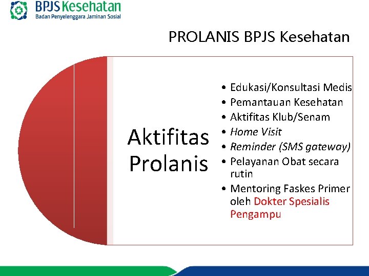 PROLANIS BPJS Kesehatan Aktifitas Prolanis • Edukasi/Konsultasi Medis • Pemantauan Kesehatan • Aktifitas Klub/Senam PROLANIS BPJS Kesehatan Aktifitas Prolanis • Edukasi/Konsultasi Medis • Pemantauan Kesehatan • Aktifitas Klub/Senam