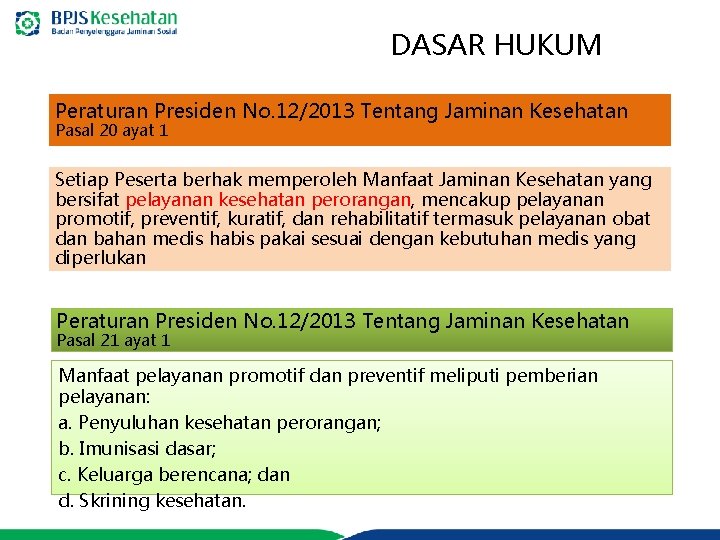 DASAR HUKUM Peraturan Presiden No. 12/2013 Tentang Jaminan Kesehatan Pasal 20 ayat 1 Setiap