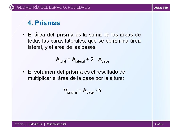 GEOMETRÍA DEL ESPACIO. POLIEDROS AULA 360 4. Prismas • El área del prisma es