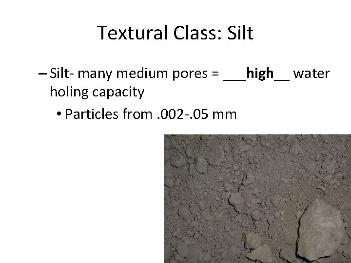 Textural Class: Silt – Silt- many medium pores = ___high__ water holing capacity •