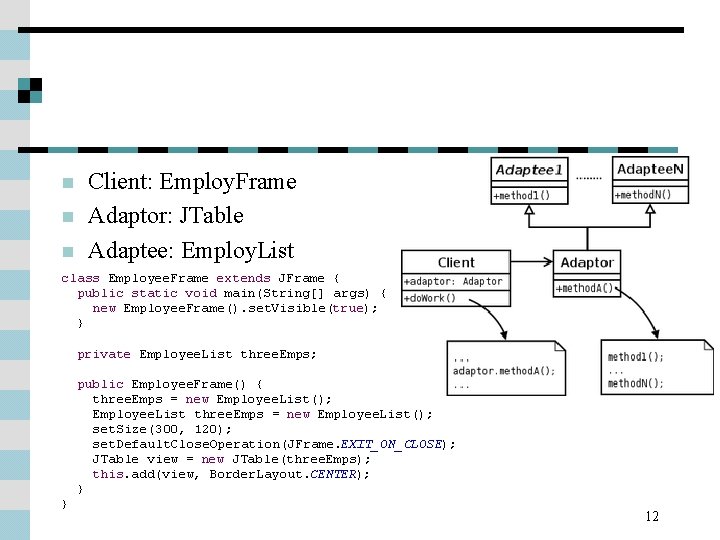 n n n Client: Employ. Frame Adaptor: JTable Adaptee: Employ. List class Employee. Frame n n n Client: Employ. Frame Adaptor: JTable Adaptee: Employ. List class Employee. Frame